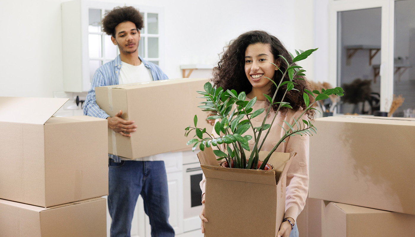 African American couple, man woman, collect clothes and plants in cardboard boxes for moving. happy young people relocating to new home. mortgage or rental of real estate. moving movers service